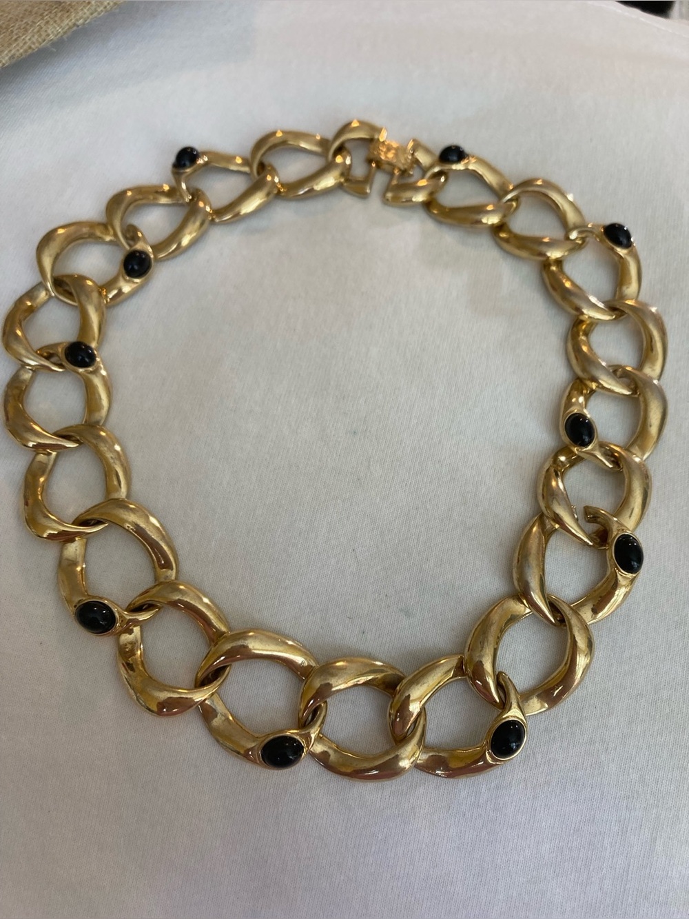 Chunky Gold Tone Link Chain Necklace with Black Cabochon